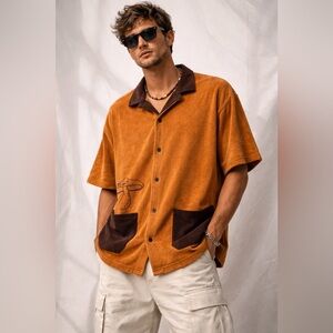 Standard Issue Terry Cloth Button Down Shirt L NWT Mushroom Graphic